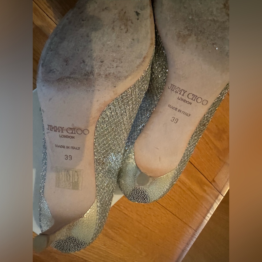 Jimmy Choo Silver Isabel Peep Toe Heels - Picture 2 of 7